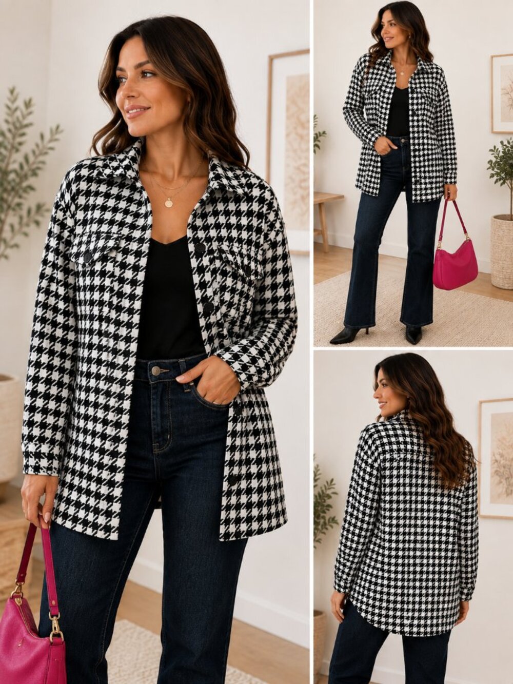 Houndstooth Shacket Coat Black White Oversized Button Front Dex Large